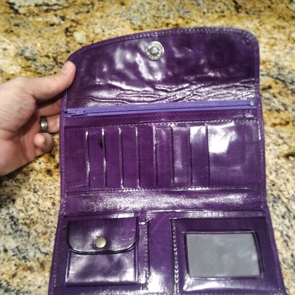 Mexican Hand Tooled Leather Trifold Clutch Wallet Clutch Floral Deep Purple - Picture 3 of 8